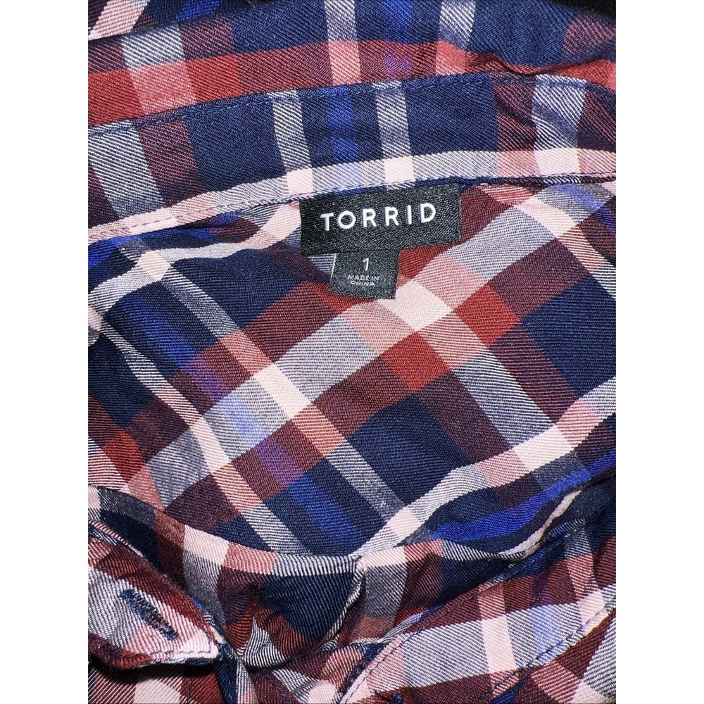 Torrid Womens Plus Size 1 Navy Blue Burgundy Plaid Rayon Button Down Shirt Top - Picture 6 of 8